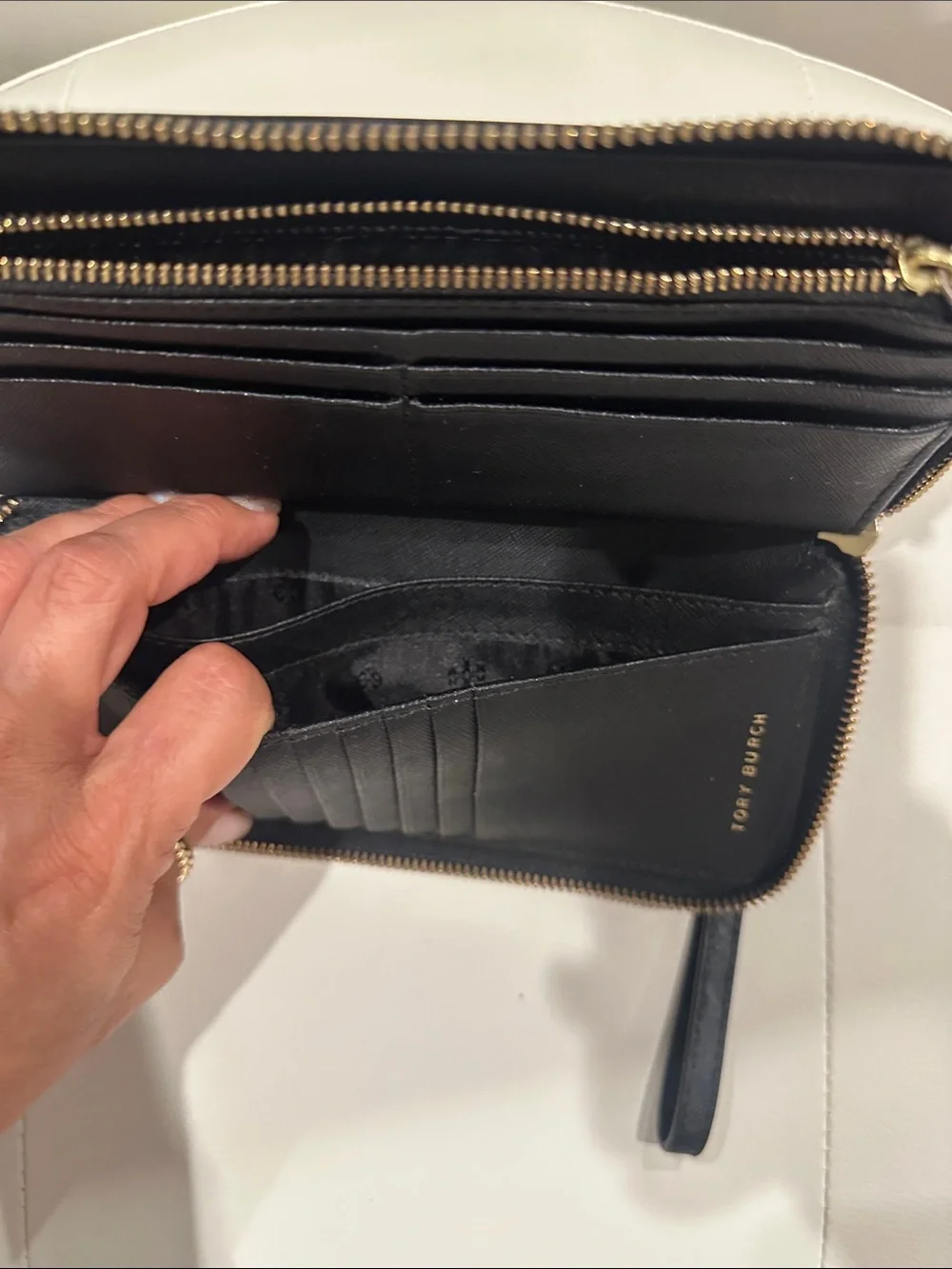 Tory Burch Black Saffiano Zip Wristlet with Gold Logo